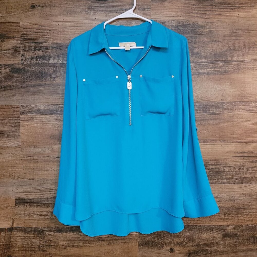 Michael Michael Kors Chiffon Top L Zip Front Pockets Pleated Back Hi Low Hem